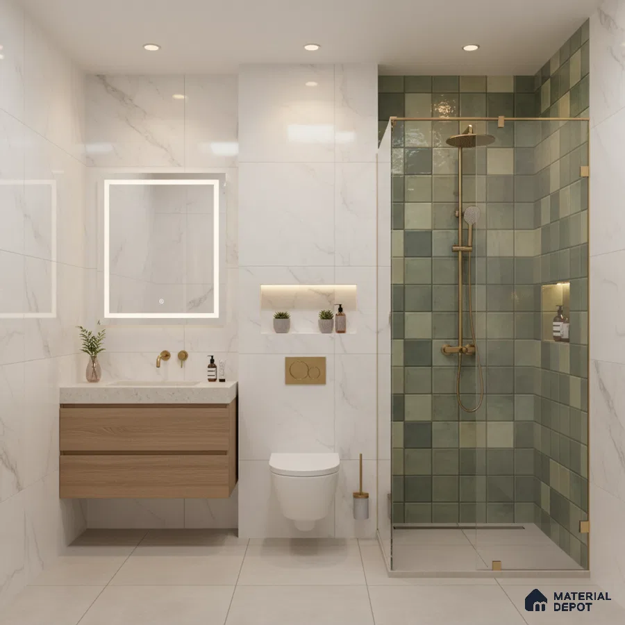 Modern bathroom with green checkerboard wall tiles, white marble-look wall tiles, and floating wood vanity