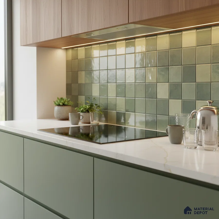 Modern kitchen with sage green laminate cabinets, white marble countertop, and green square backsplash tiles