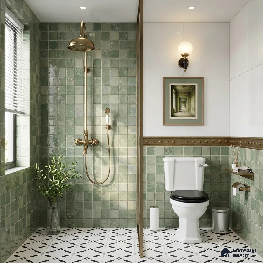 Modern kitchen with sage green laminate cabinets, white quartz countertop, and patterned green square backsplash tiles