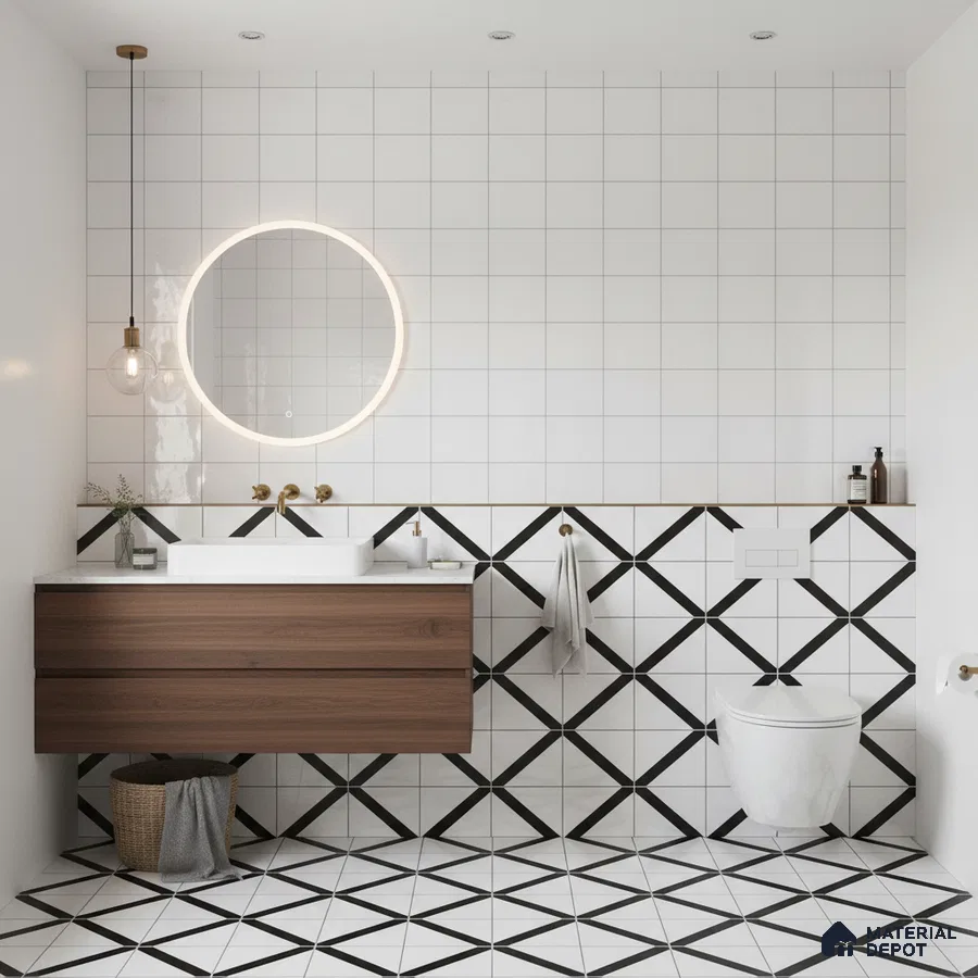 Modern kitchen with white square backsplash tiles, black marble countertop, and white laminate cabinets