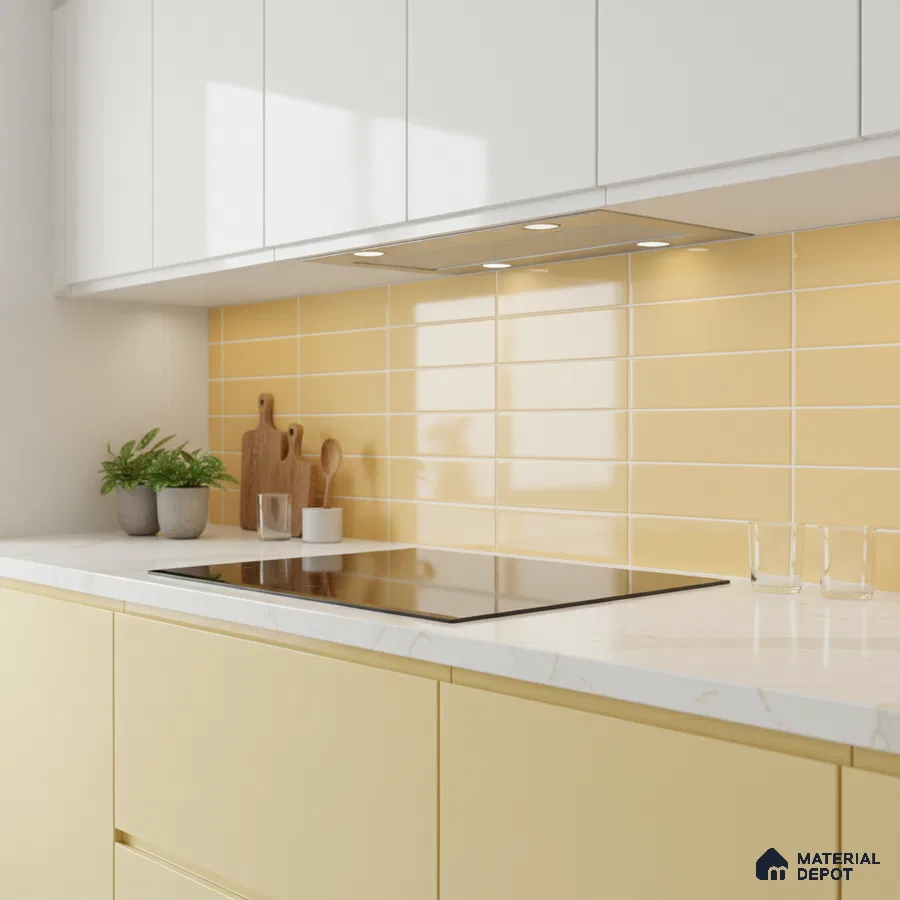 Modern kitchen with pastel yellow laminate, white marble-look countertop, and yellow subway backsplash tiles