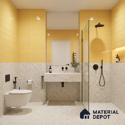 Modern bathroom with yellow subway wall tiles and terrazzo floor and wall tiles