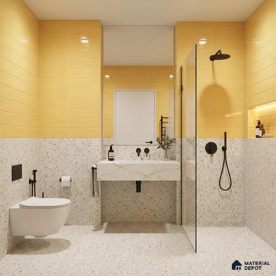 Modern bathroom with yellow subway wall tiles and terrazzo floor and wall tiles