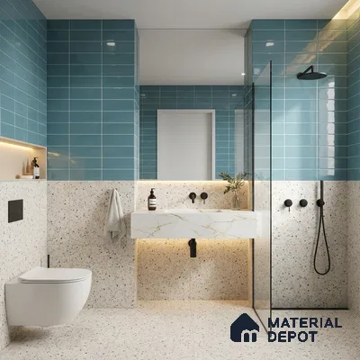 Modern kitchen with blue subway backsplash tile, marble-look quartz countertop, and blue laminate cabinets