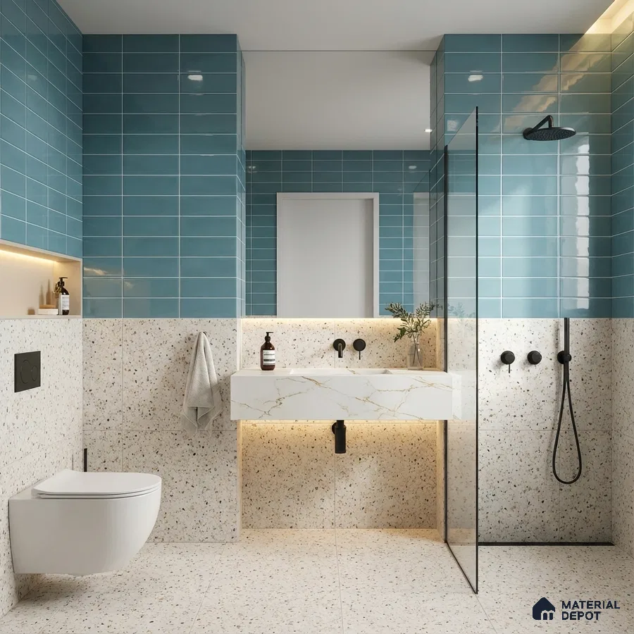 Modern kitchen with blue subway backsplash tile, marble-look quartz countertop, and blue laminate cabinets