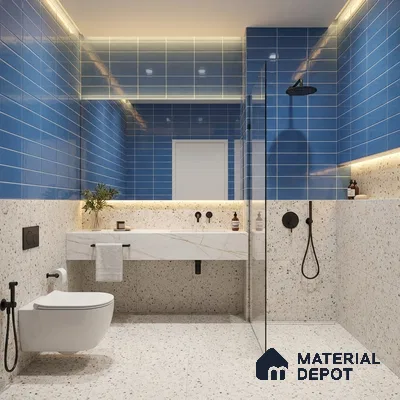 Modern kitchen with blue subway backsplash tile, blue laminate cabinets, and black marble countertop