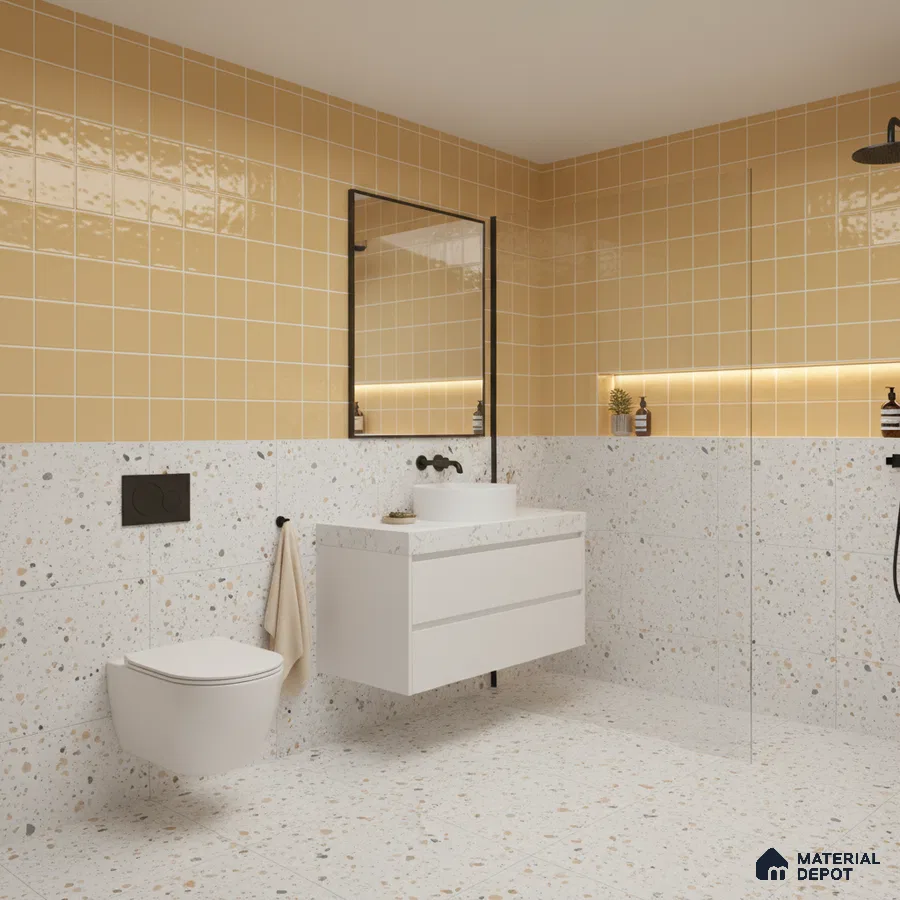 Modern kitchen with yellow square wall tiles, yellow laminate cabinets, and black marble countertop
