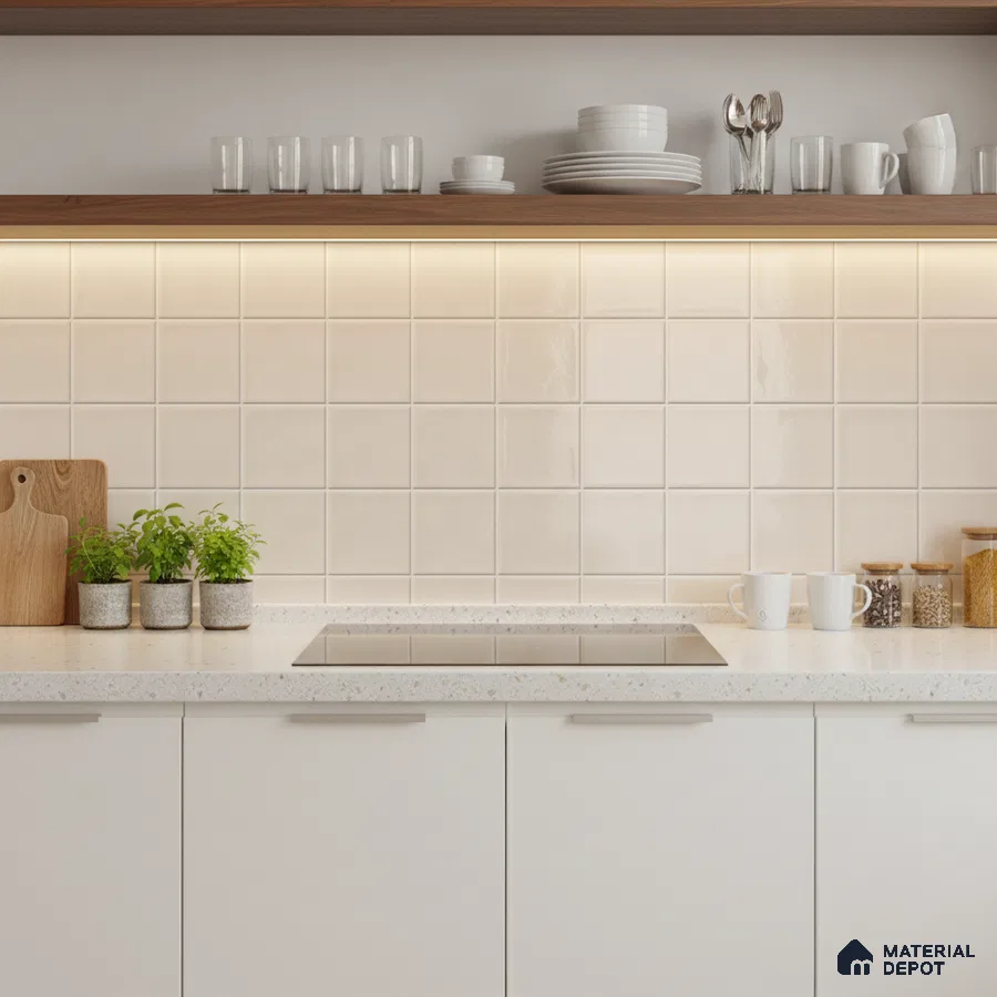 Scandinavian kitchen with frosty white laminate cabinets, white terrazzo countertop, and cream square backsplash tiles