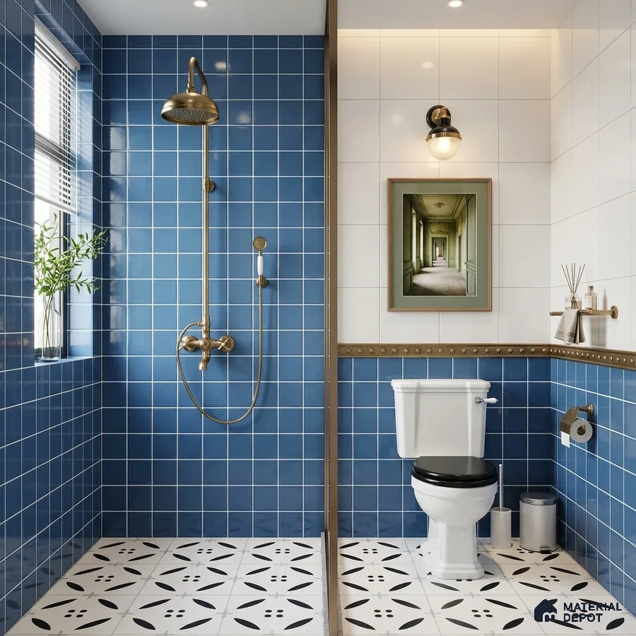 Modern kitchen with navy blue laminate cabinets, white quartz countertop, and blue square backsplash tiles