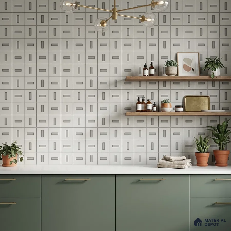 Scandinavian kitchen with sage green laminate cabinets, geometric patterned wall tiles, and white quartz countertop