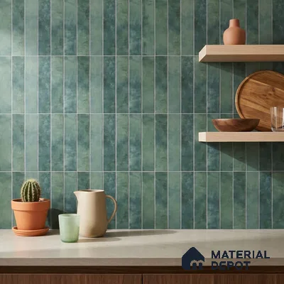 Modern Kitchen with Teal Green Vertical Subway Backsplash Tile