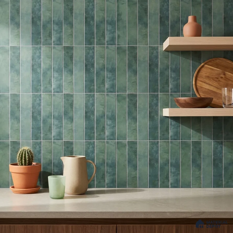 Modern Kitchen with Teal Green Vertical Subway Backsplash Tile