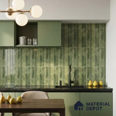 Modern Kitchen with Glossy Green Vertical Subway Backsplash Tile
