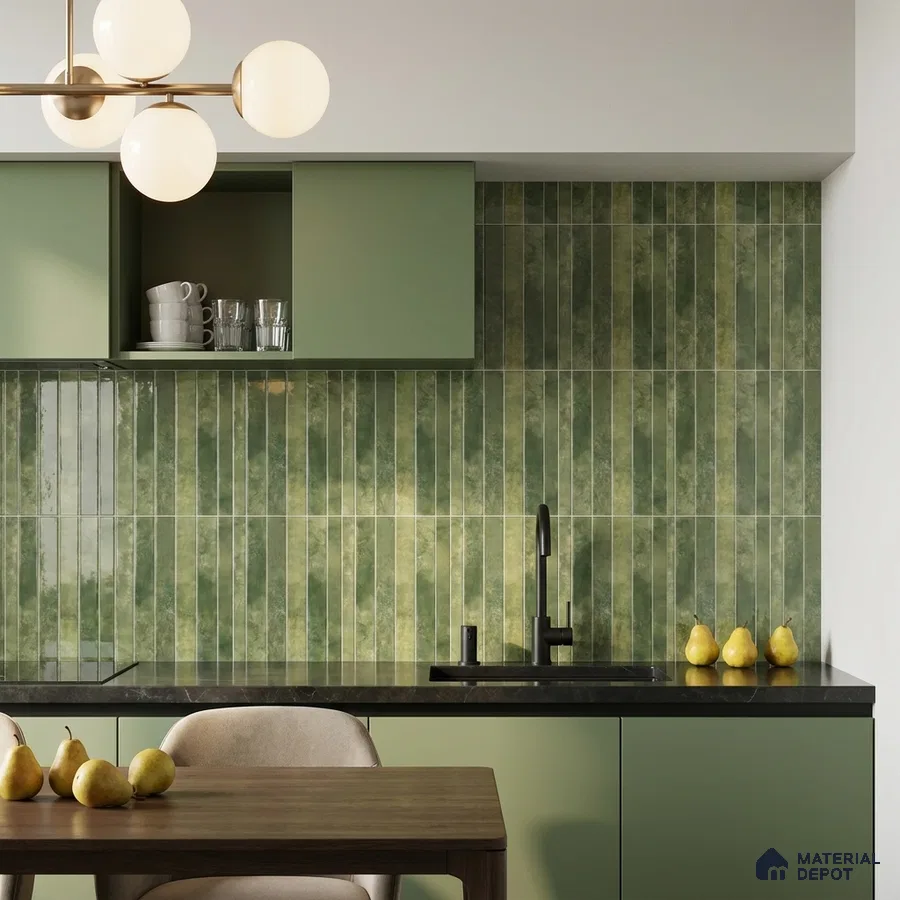 Modern Kitchen with Glossy Green Vertical Subway Backsplash Tile