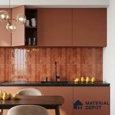 Modern Kitchen with Glossy Terracotta Vertical Subway Backsplash Tile