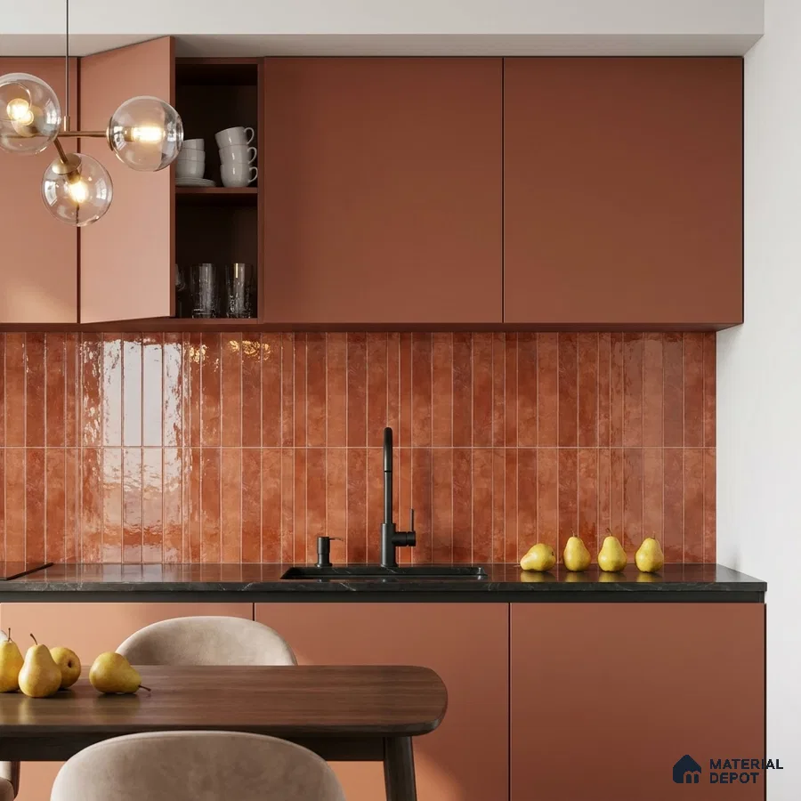 Modern Kitchen with Glossy Terracotta Vertical Subway Backsplash Tile