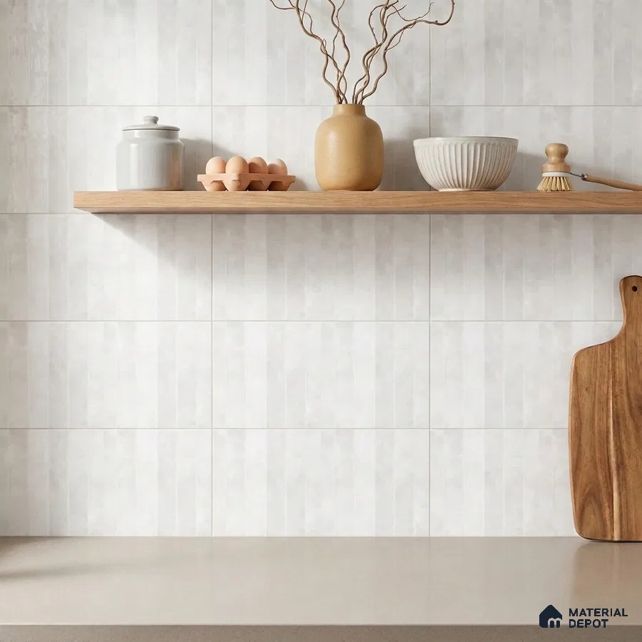 Scandinavian Kitchen with Frosty White Vertical Subway Backsplash Tile