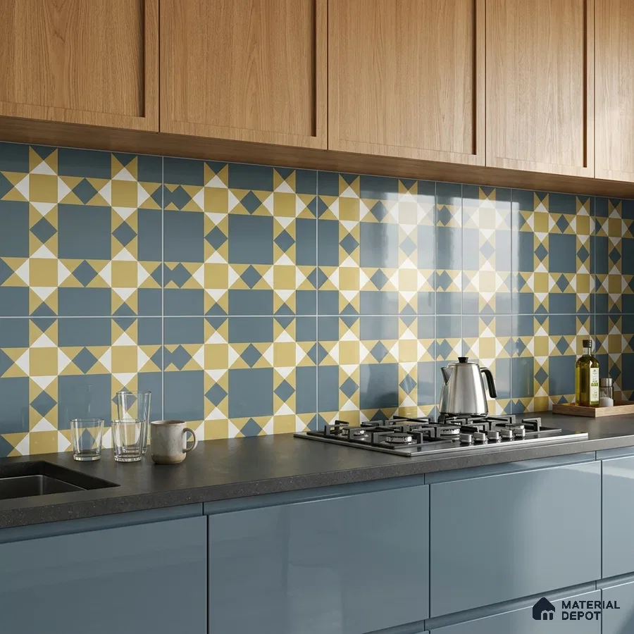 Modern kitchen with blue glossy laminate cabinets, oak wood laminate overheads, and geometric patterned yellow and blue backsplash tiles