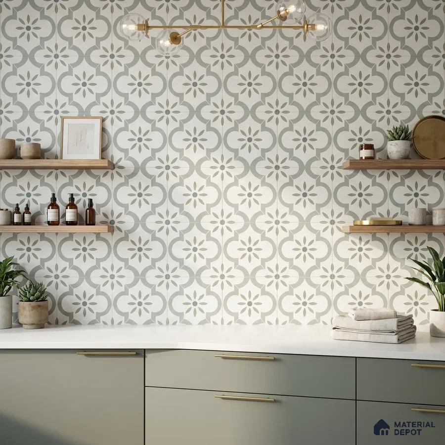 Scandinavian kitchen with sage green laminate cabinets, white quartz countertop, and geometric patterned wall tiles