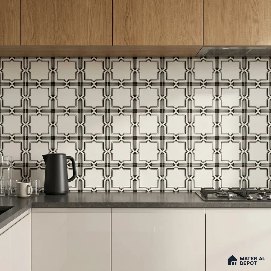 Modern kitchen with oak wood laminate cabinets, geometric patterned backsplash tile, and grey quartz countertop