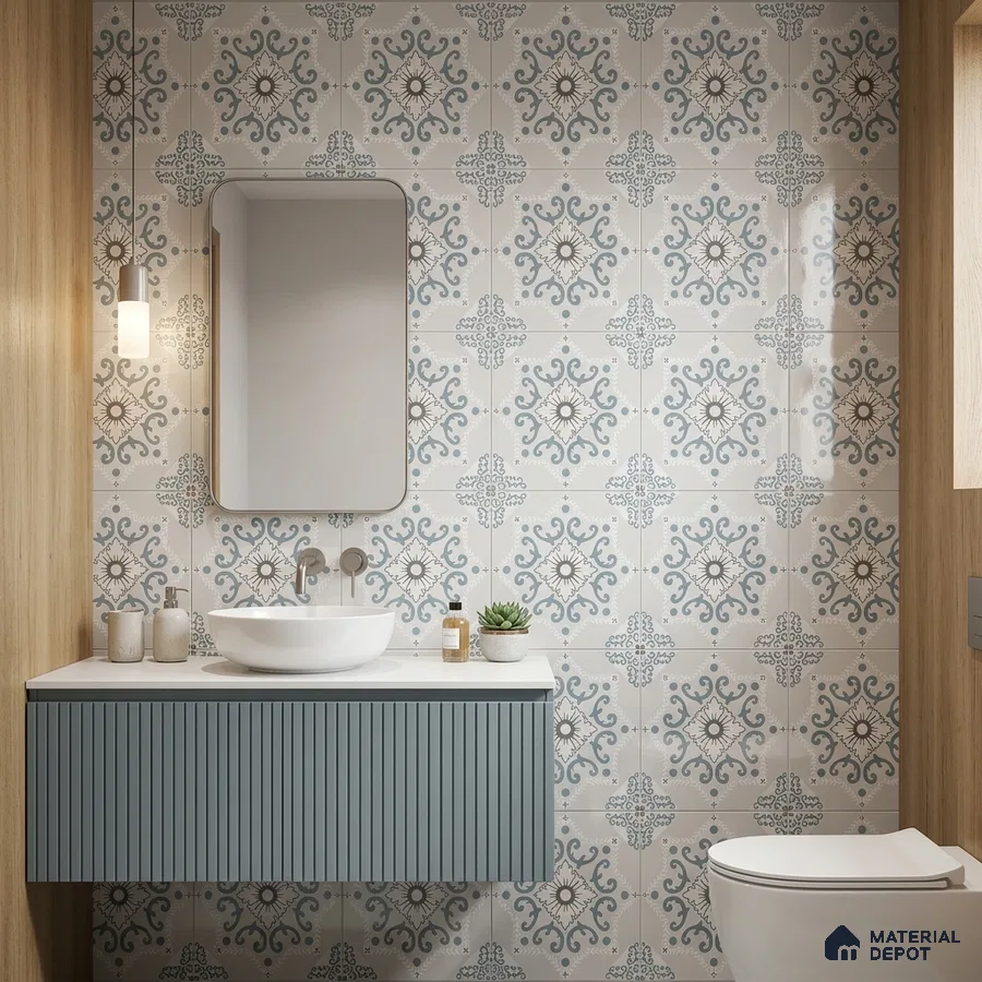 Modern bathroom with blue patterned wall tiles and fluted blue vanity
