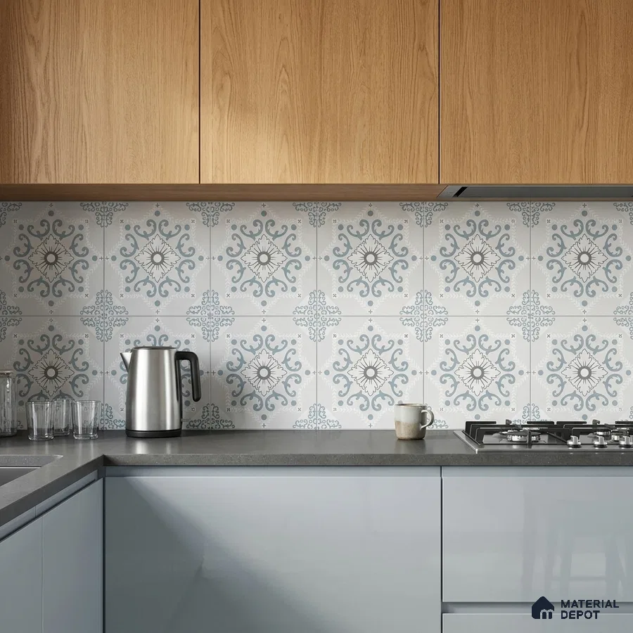 Modern kitchen with oak wood laminate cabinets, grey solid laminate base units, and blue patterned moroccan backsplash tiles