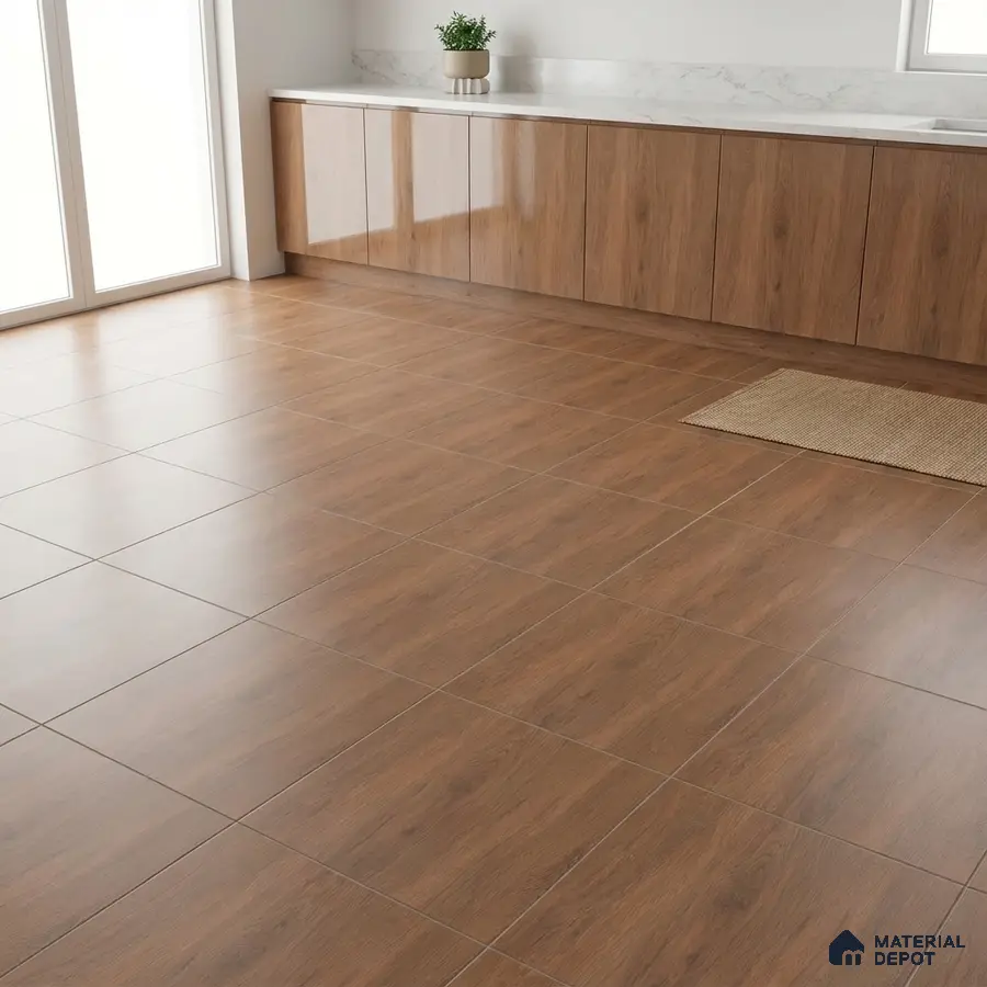 Modern kitchen with walnut brown wood-look floor tiles and glossy walnut laminate cabinets