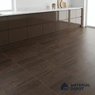 Modern kitchen with glossy brown laminate cabinets, white marble countertop, and dark wood-look floor tiles