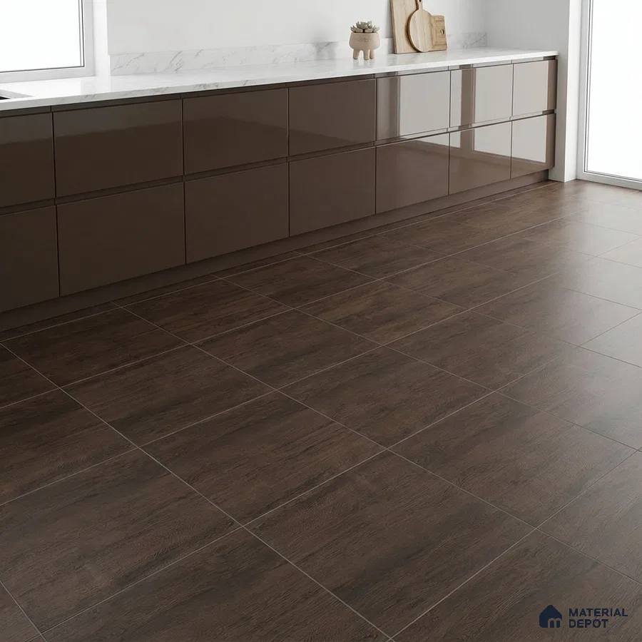 Modern kitchen with glossy brown laminate cabinets, white marble countertop, and dark wood-look floor tiles