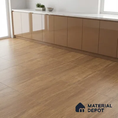 Modern kitchen with glossy beige laminate cabinets, white marble countertop, and wood-look floor tiles