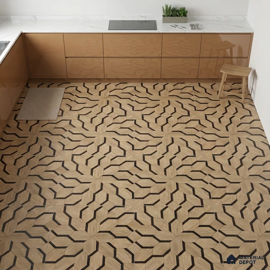Modern kitchen with caramel brown laminate cabinets, white marble countertop, and geometric wood-look floor tiles
