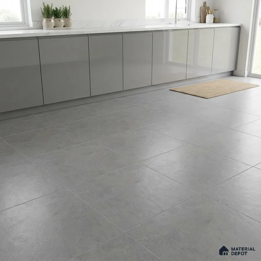 Minimalist kitchen with glossy grey laminate cabinets and matte grey stone-look floor tiles