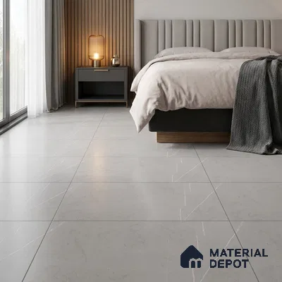 Modern Bedroom with Light Grey Marble-Look Floor Tile