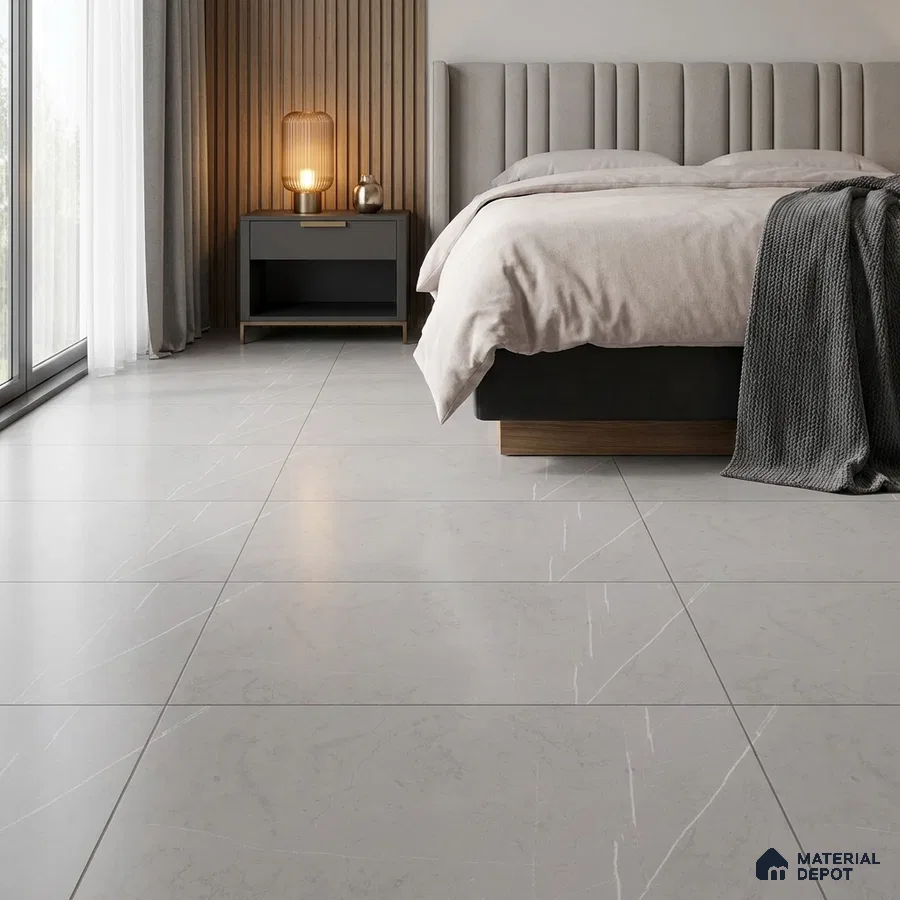 Modern Bedroom with Light Grey Marble-Look Floor Tile
