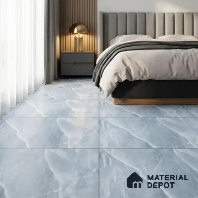 Modern Bedroom with Blue Onyx Marble-Look Floor Tile