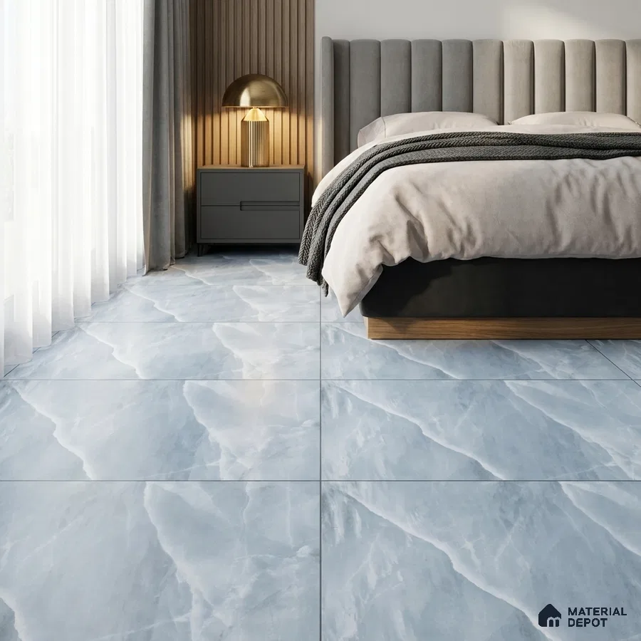 Modern Bedroom with Blue Onyx Marble-Look Floor Tile