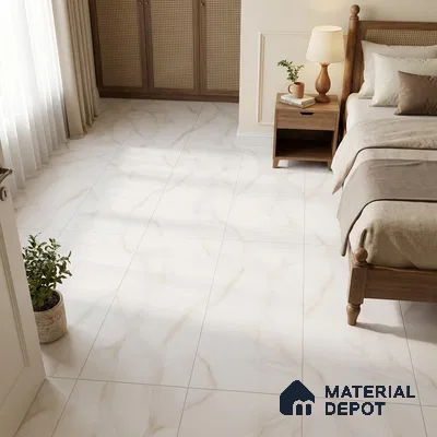 Traditional Bedroom with Cream Marble-Look Floor Tile and Gold Veins