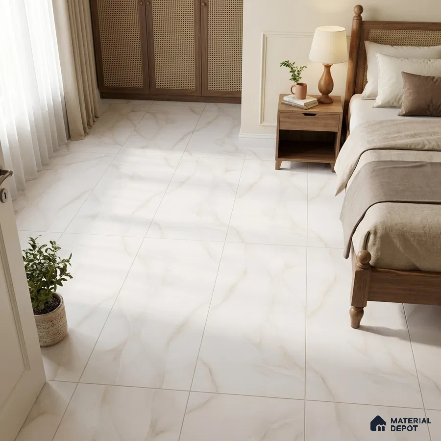 Traditional Bedroom with Cream Marble-Look Floor Tile and Gold Veins