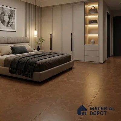 Modern Bedroom with Warm Brown Cement-Look Floor Tile