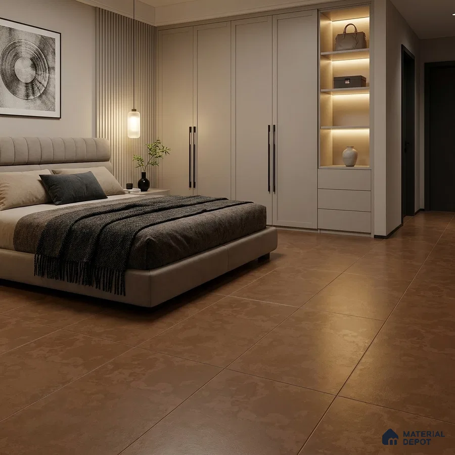 Modern Bedroom with Warm Brown Cement-Look Floor Tile