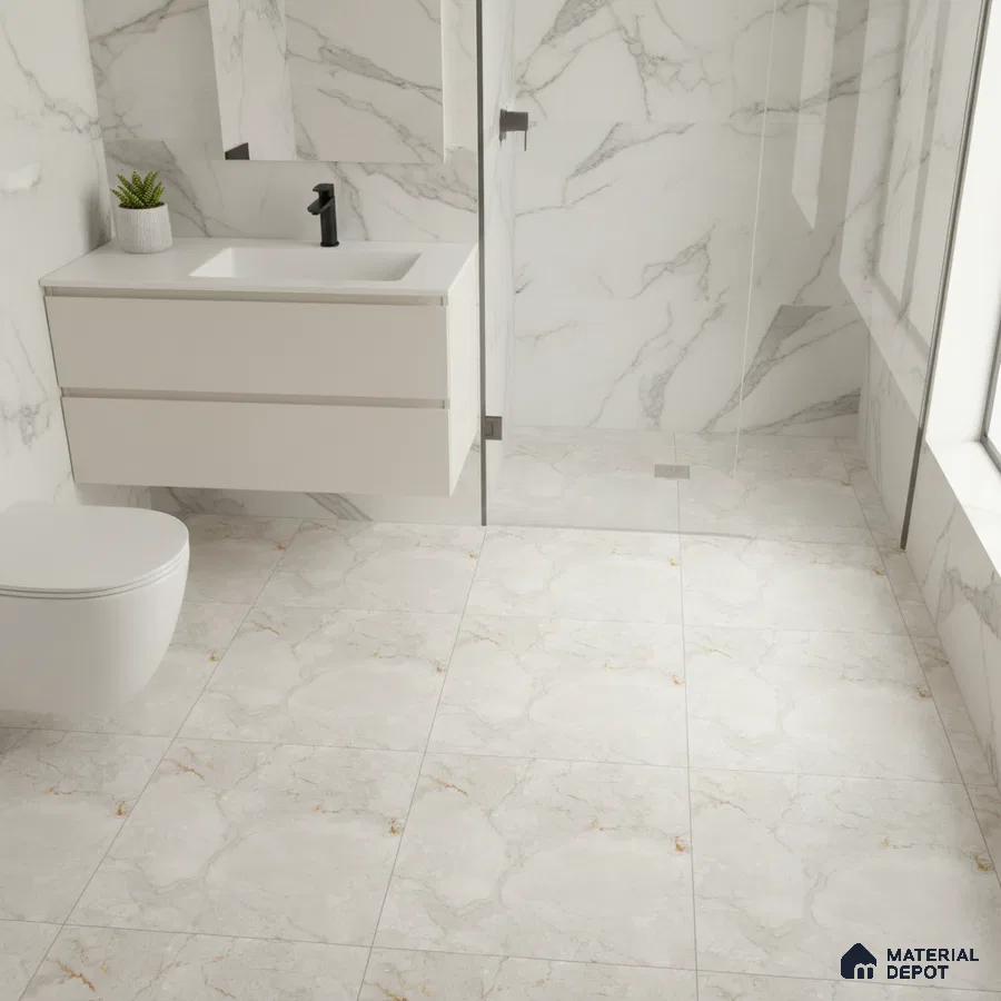 Modern bathroom with white marble-look wall and floor tiles and floating vanity