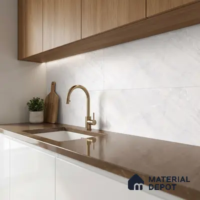 Modern kitchen with walnut wood laminate cabinets, brown quartz countertop, and white marble-look backsplash tile