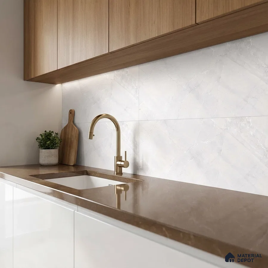 Modern kitchen with walnut wood laminate cabinets, brown quartz countertop, and white marble-look backsplash tile