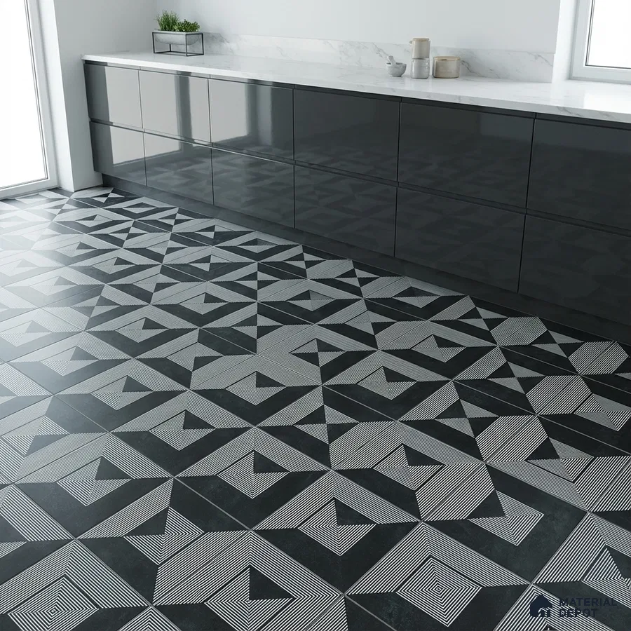 Modern kitchen with high gloss grey laminate cabinets, white marble countertop, and geometric black-and-white patterned floor tiles