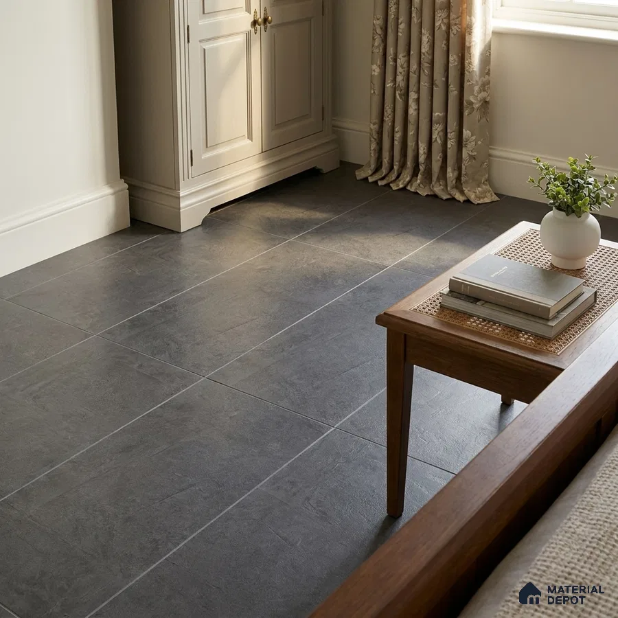 Traditional Bedroom with Charcoal Grey Cement-Look Floor Tile