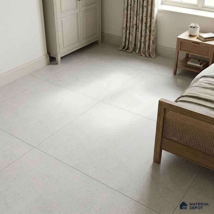 Scandinavian Bedroom with Light Grey Stone-Look Floor Tile