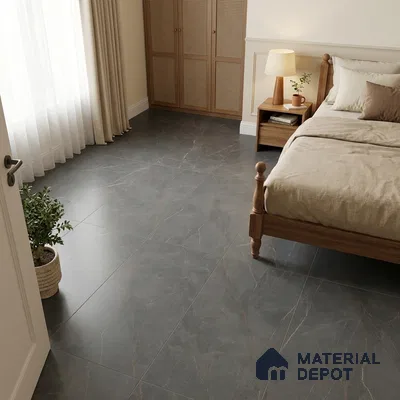 Modern Bedroom with Grey Marble-Look Floor Tile