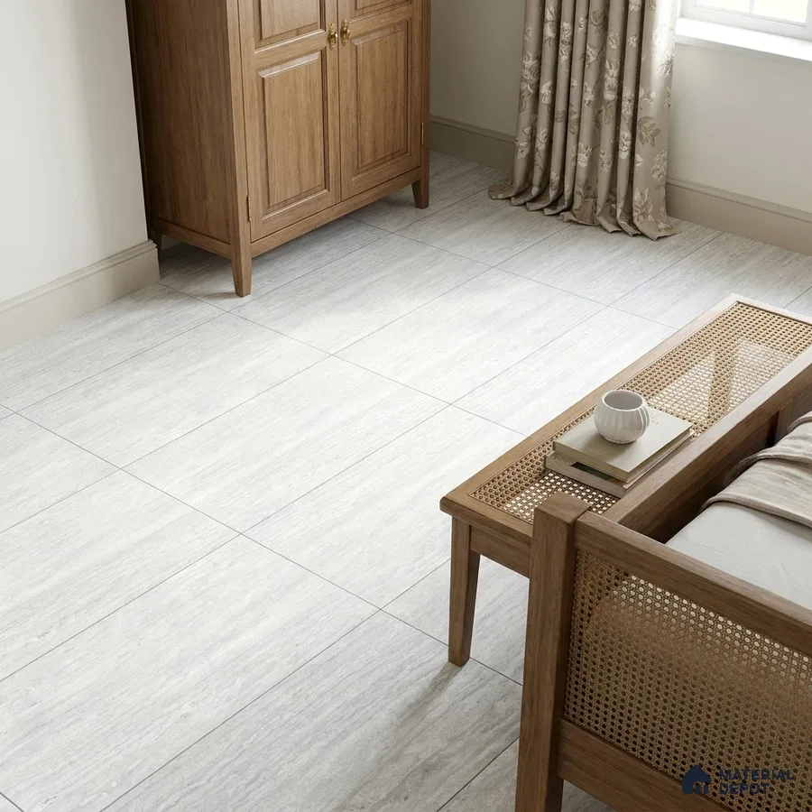 Modern Bedroom with White Travertine-Look Floor Tile