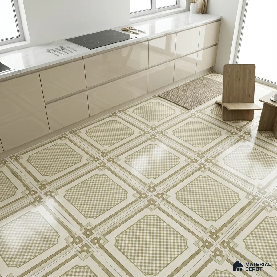 Modern kitchen with glossy beige laminate cabinets and beige checkered patterned floor tiles