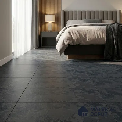 Modern Bedroom with Charcoal Blue Concrete-Look Floor Tile